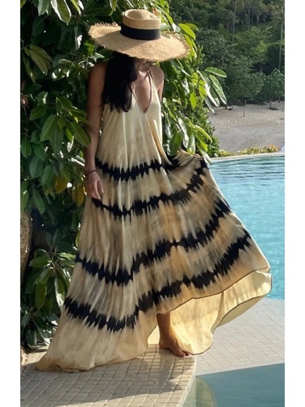 COCO DE CHOM Tie Dye Maxi Dress Boho Beach Resort V Neck Backless      Ee